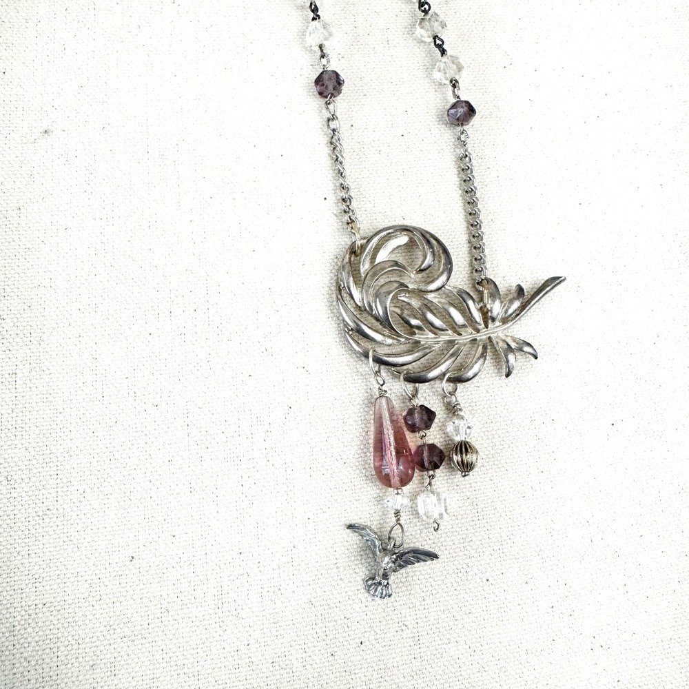 Handmade Collage Necklace‎ Feather Vintage Brooch Bird Rosary Beads Silver Tone
